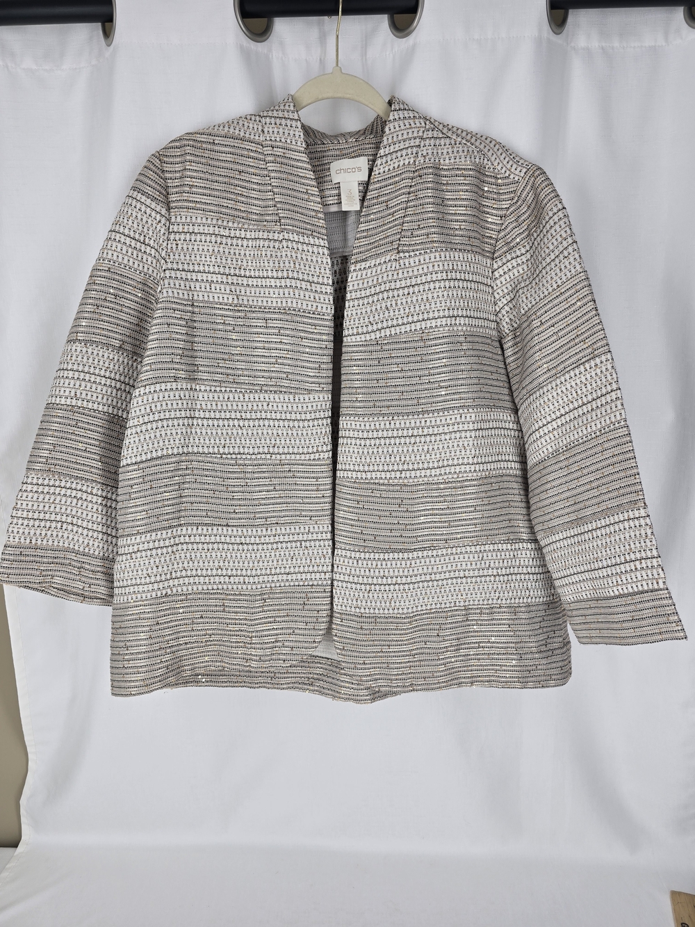 Chico's Metallic Stripe Open-Front Jacket in Ivory and Taupe
